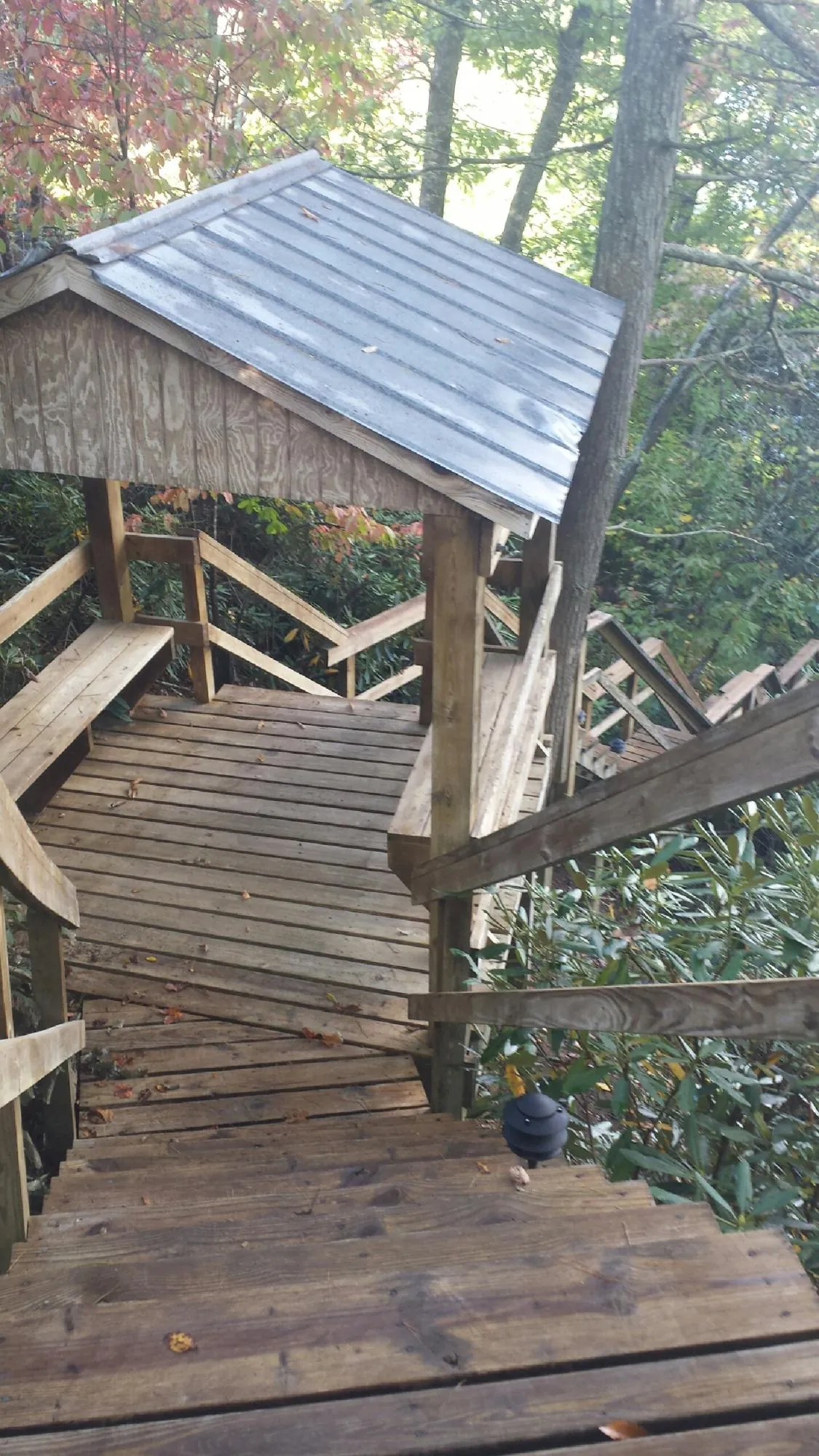 Metal roofed shelter over wooden steps on a wooded walkway — Skylight Repair & Installation work by our crew in Grand Canyon